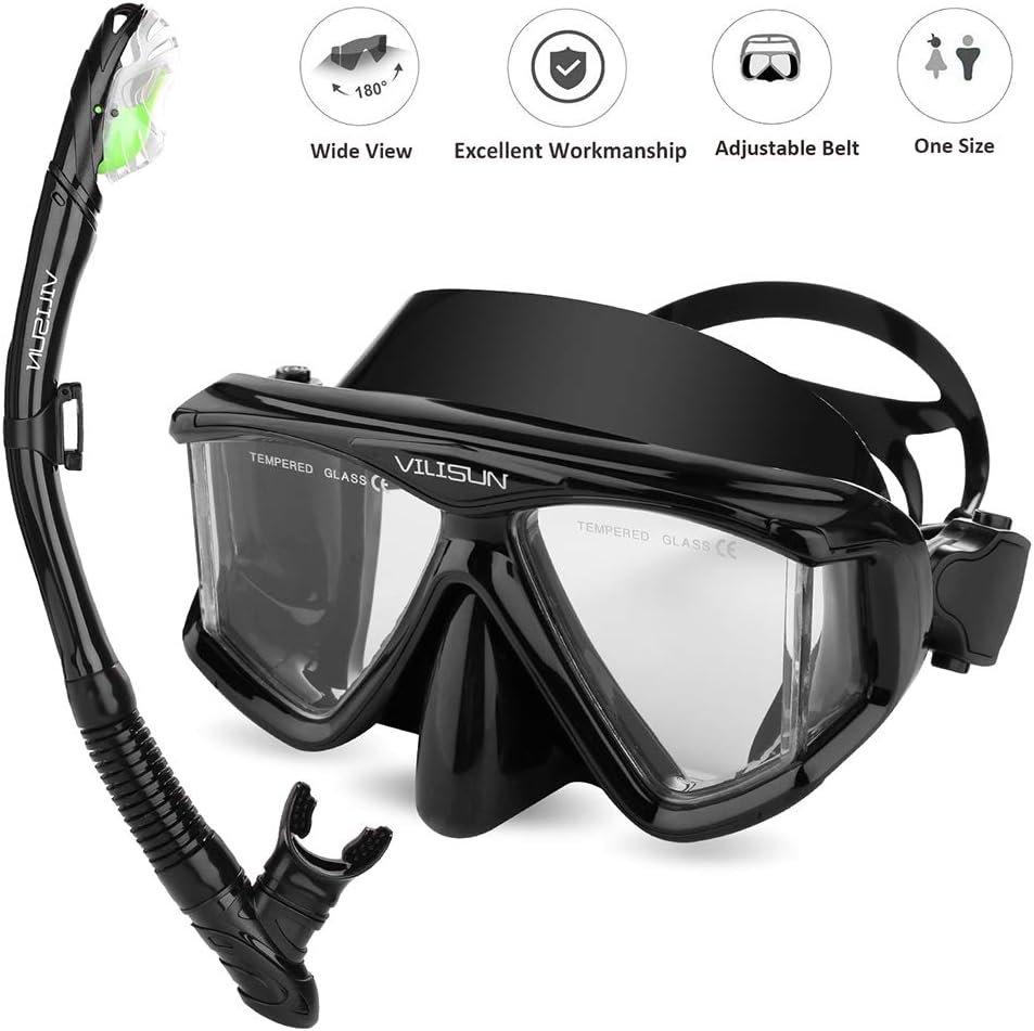 V VILISUN Snorkel Set, Adult Snorkeling Set, Ultra Panoramic Wide View, Anti-Fog Anti-Leak Dry Top Snorkel, Impact Resistant Tempered Glass, Food-Grade Mouthpiece for Swimming or Diving