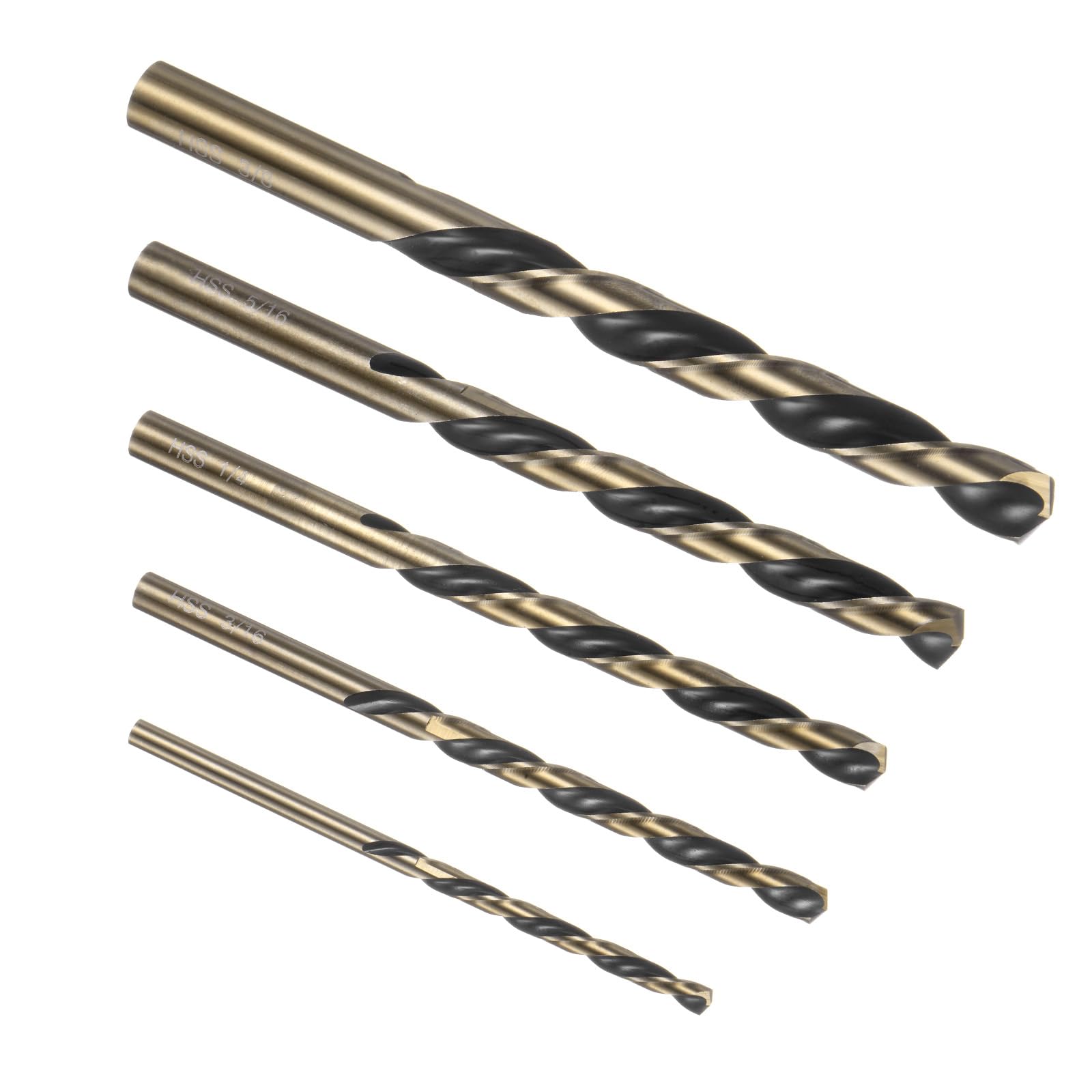 Kozelo 5Pcs Twist Drill Bit - [3/8", 5/16", 1/4", 3/16", 1/8"] M35 High-Speed Steel Titanium Plating Jobber Bit Set for Metal Wood Steel Use, 40.5/60/70/80/36mm Blade Length