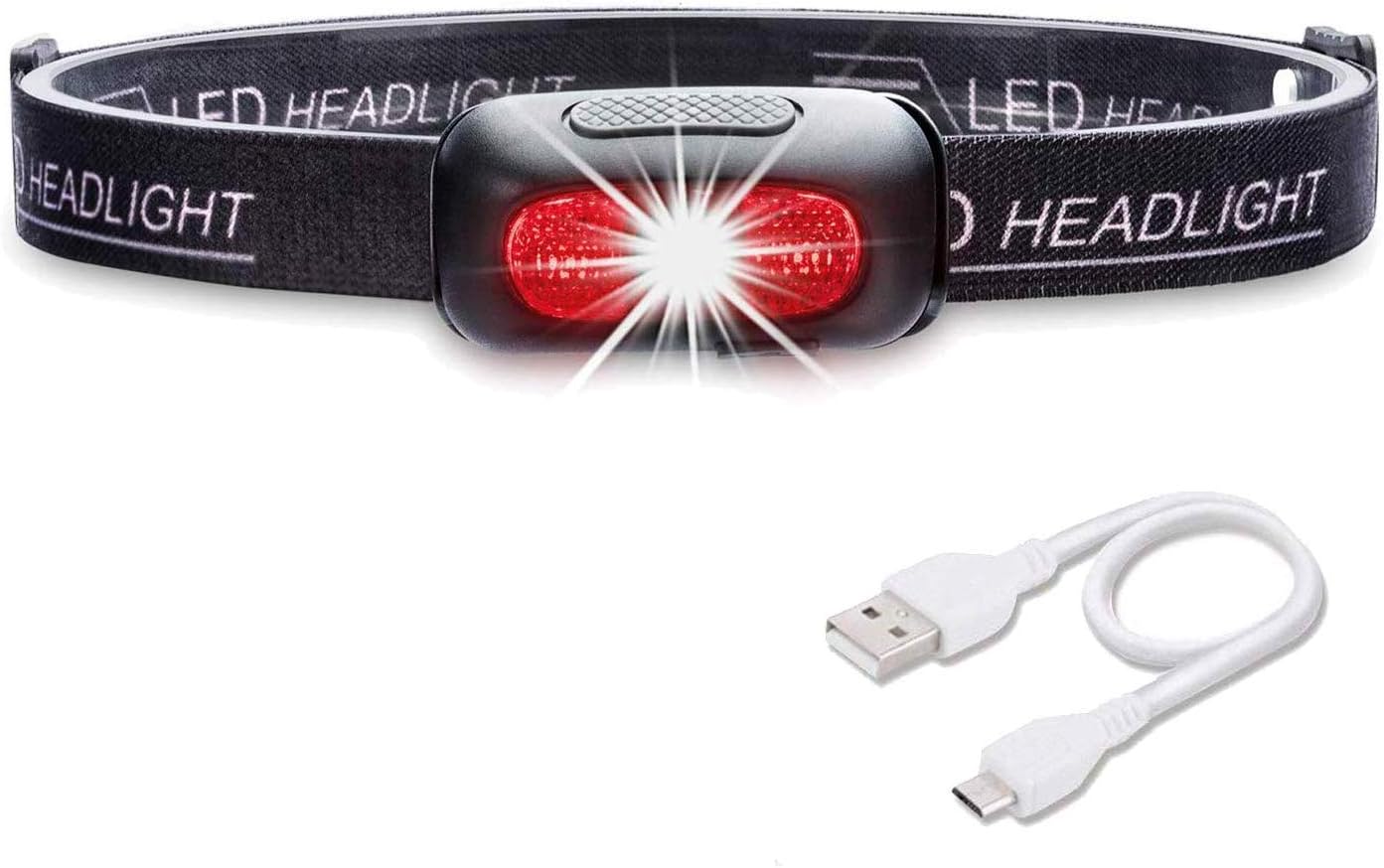 Xiancai Headlamps Rechargeable, Head Torch, 5 Modes, White & Red LEDs, 120LM, Water Resistant - Black