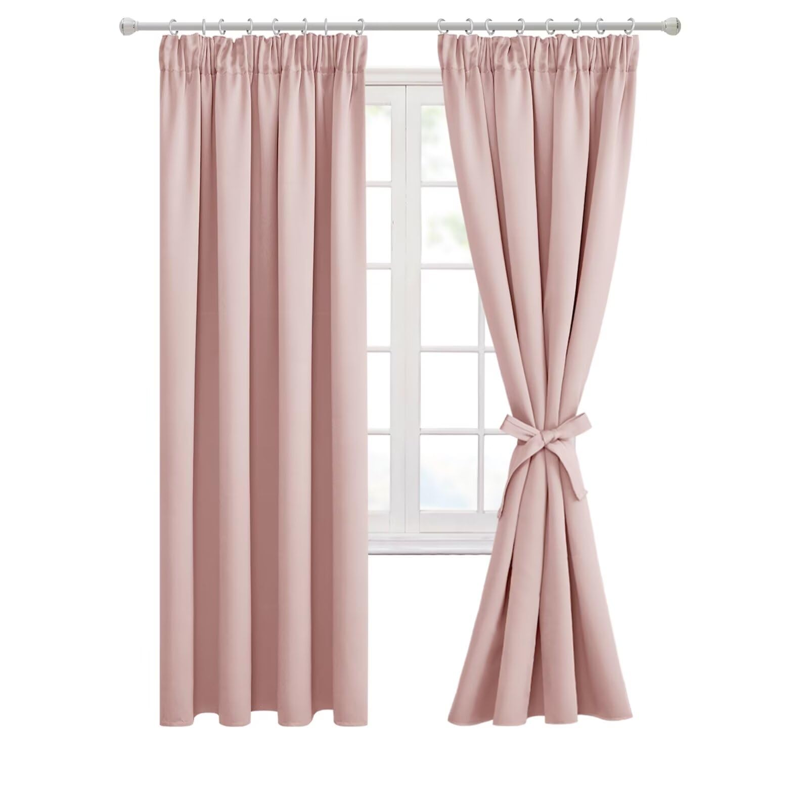 Hiasan Pencil Pleat Blackout Thermal Insulated Curtains, Bedroom and Living Room with Tiebacks, Energy Saving and Noise Reducing, 2 Panels, 55 x 69 Inch, Blush Pink