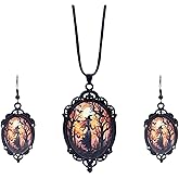 LKingel Goth Halloween Jewelry for Women Vintage Gothic Witch Pendant Necklace Earrings Punk Black Bat Glass Necklaces Witch Halloween Gothic Jewelry Emo Accessories