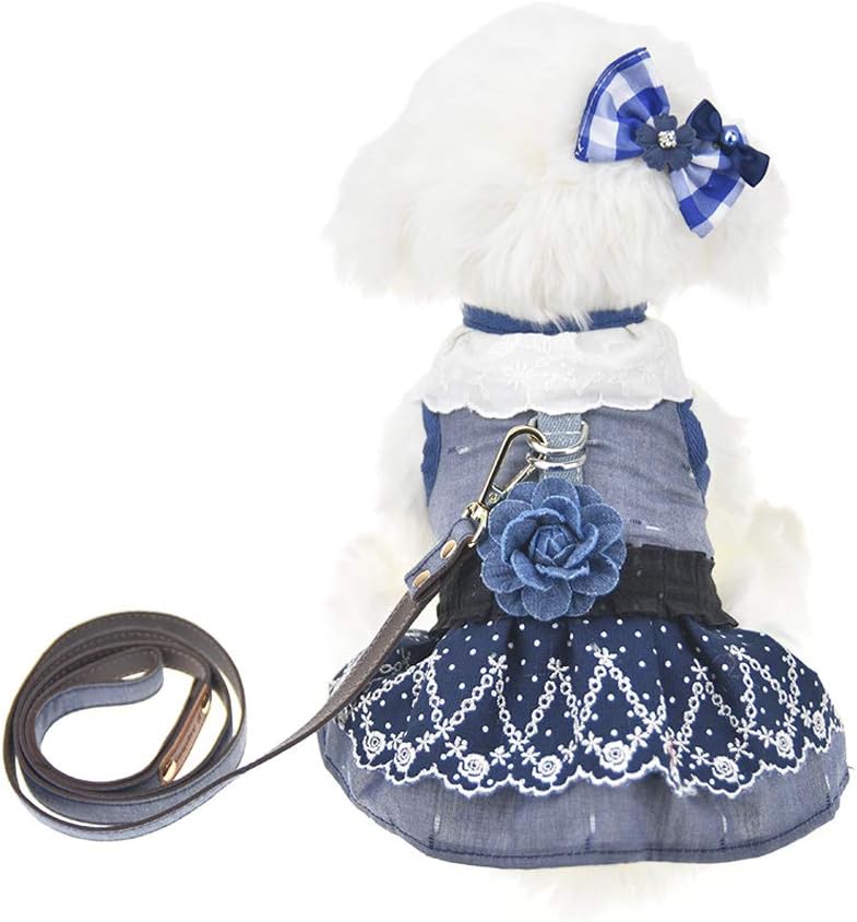 FLAdorepet 3Pcs Dog Pet Cat Dress Harness and Leash Set Small Dog Clothes Shirt Costume Dog Skirt,Dress,Hair Bow (XL, Blue)