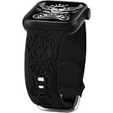 Halloween Floral Engraved Silicone Band Compatible With Apple Watch 38 40 41mm 42 44 46 49mm for Women Men,Skull Printed Soft Silicone Sport Wristbands Replacement Strap for iWatch Series SE 10 9 8 7 6 5 4 3 Ultra 2