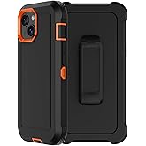 RubCase for iPhone 15 Case 6.1” with Belt Clip Holster, 2X Screen Protector, Heavy Duty Military Grade Full Body Shockproof Dust-Proof Drop Proof Rugged Protective Cover for iPhone 15 (Black/Orange)