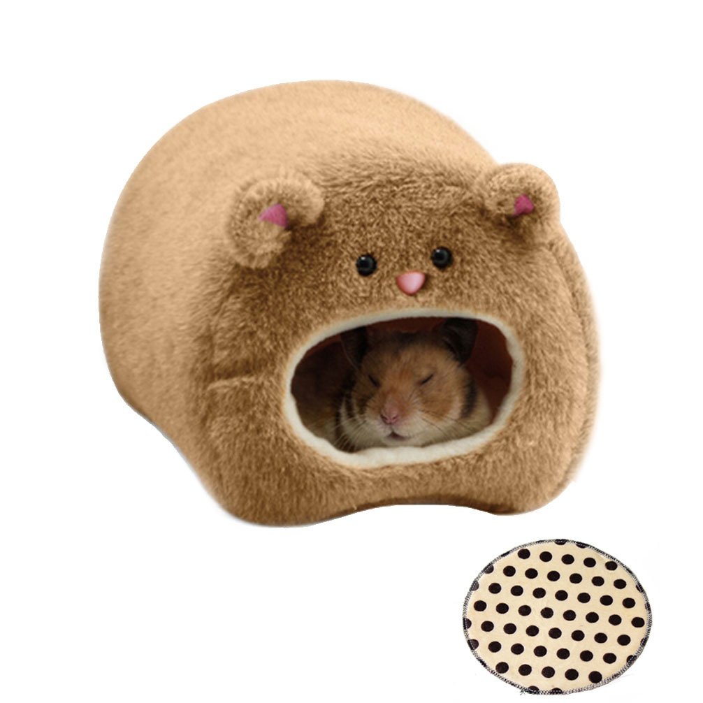 emours Rats Hamster Winter Warm Fleece Hanging Cage Hammock House Cute Bear Desige with Bed Mat, for Small Furry Animals (brown)