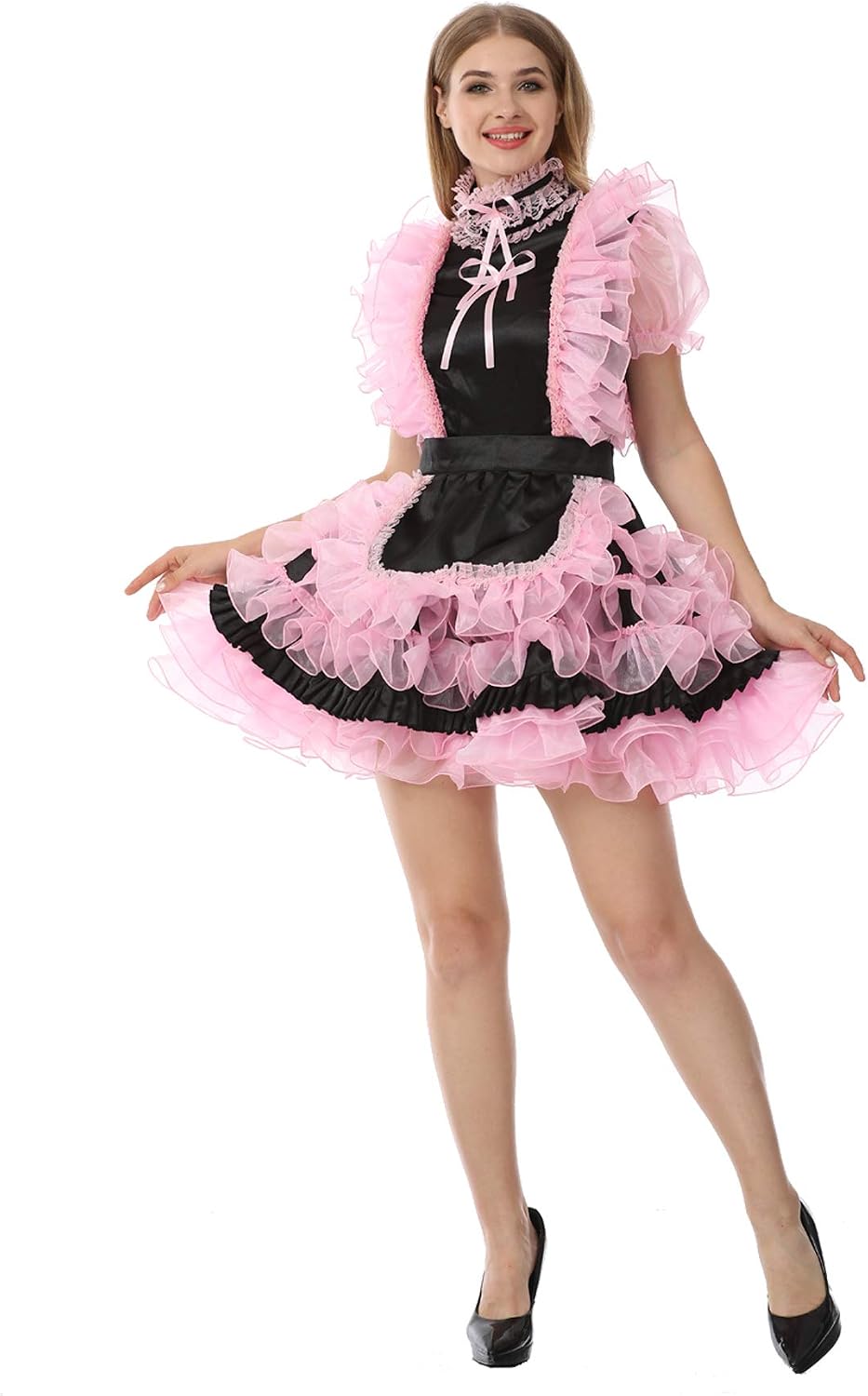 JOLINE Sissy High Neck Ruffled Lace Silky Satin Black Dress Crossdressing (L) Pink - Image 4
