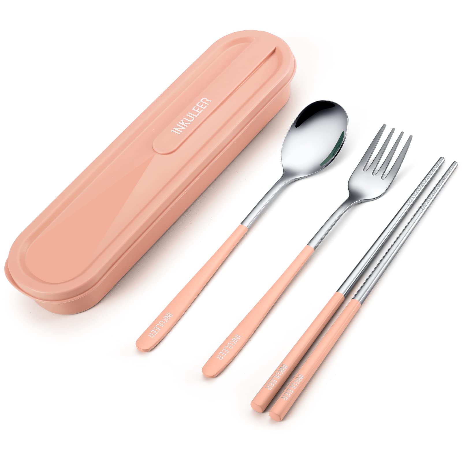 Photo 1 of INKULEER Travel cutlery set, 18/8 stainless steel cutlery, Reusable utensils set with case, Portable Silverware Lunch Box for Camping and Office(Pink?