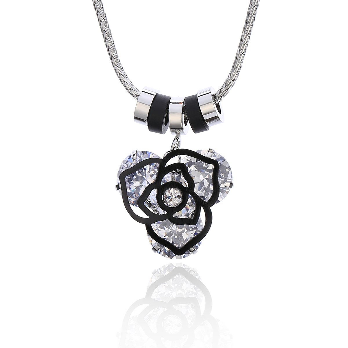 Flower Pendant Y Necklace Silver Plated for Women, Cubic Zircon Sweater Chain, Creative bar and Nightclub Style