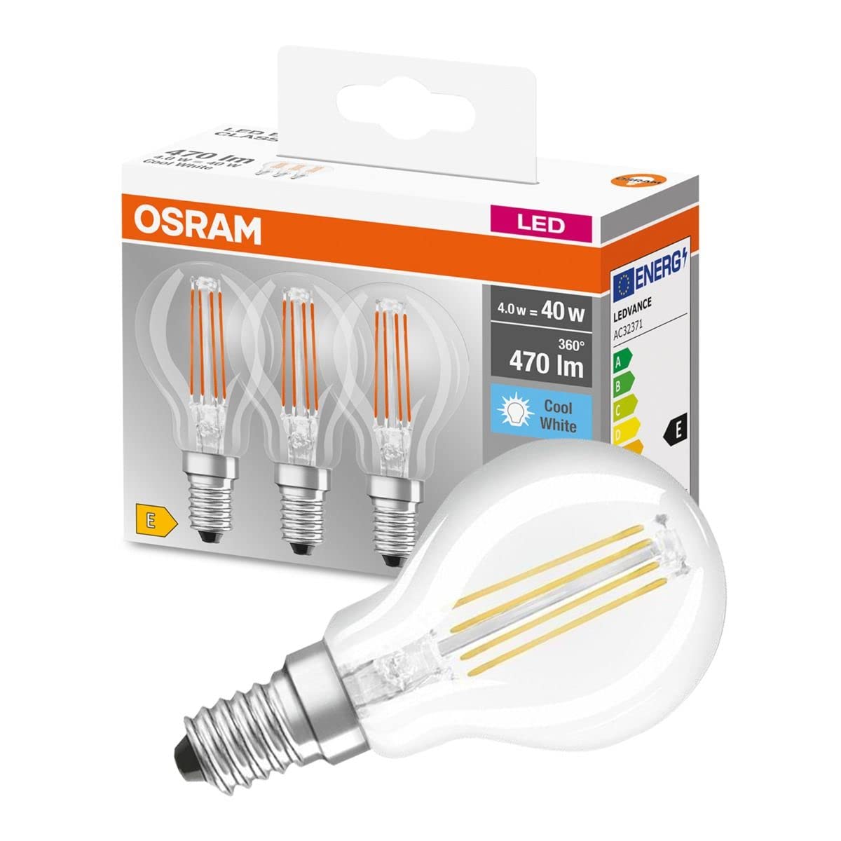 Osram Drop Shape Base Classic P LED Lamp, Glass, Cool White, E14, 4 W, Set of 3