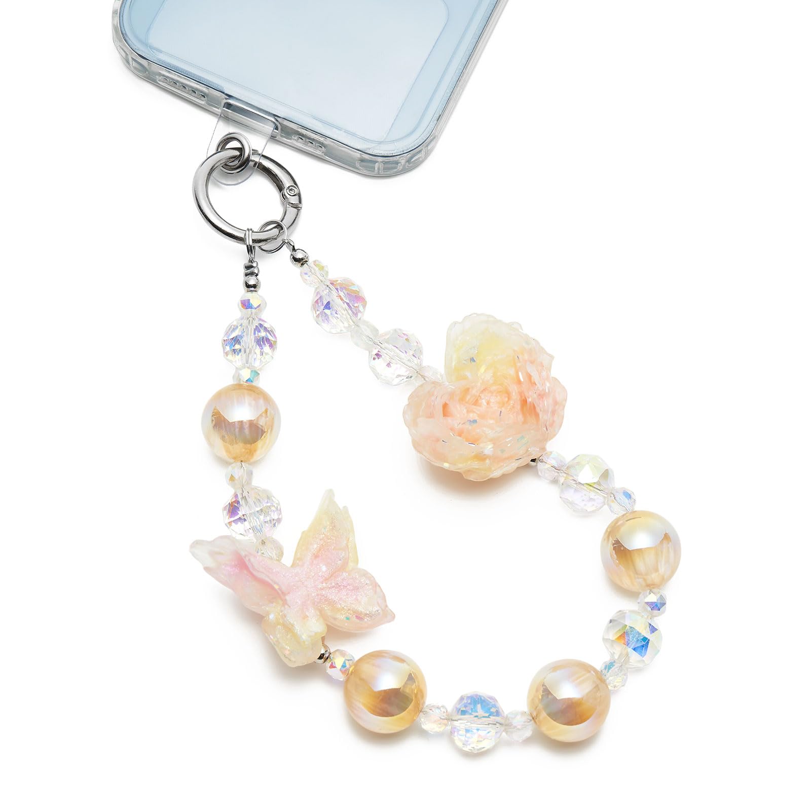 WOZEAH Butterfly Phone Charm for Women, Beaded Wrist Strap Lanyard with Tether Tab – Anti-Theft Hands-Free Detachable Phone Chain Wristlet（Champagne Butterfly Flowers）