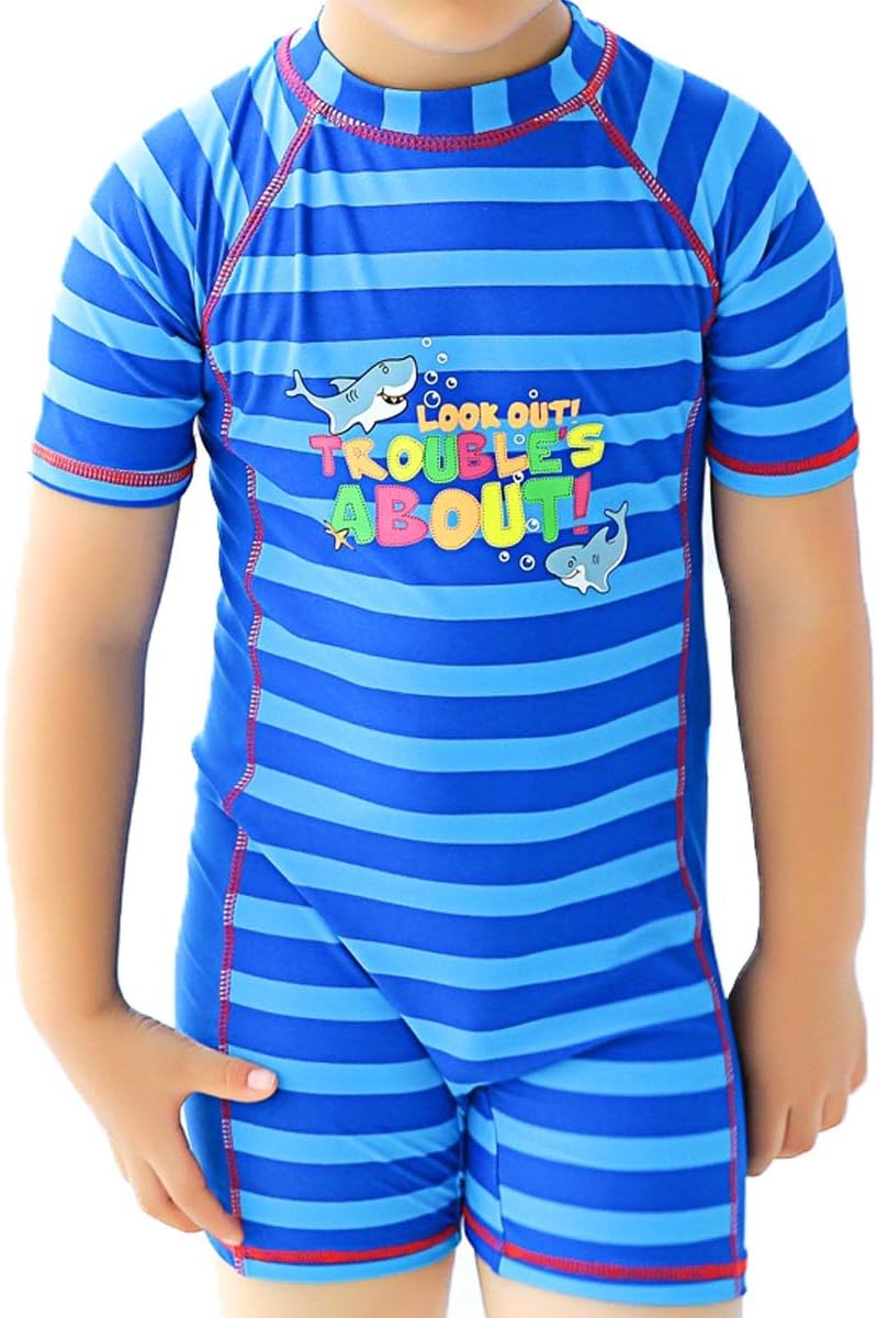 Saidi Kids Boys Swimsuit UPF50+ One-Piece Rash Guard Swimsuit (2T, Shark/Stripes)