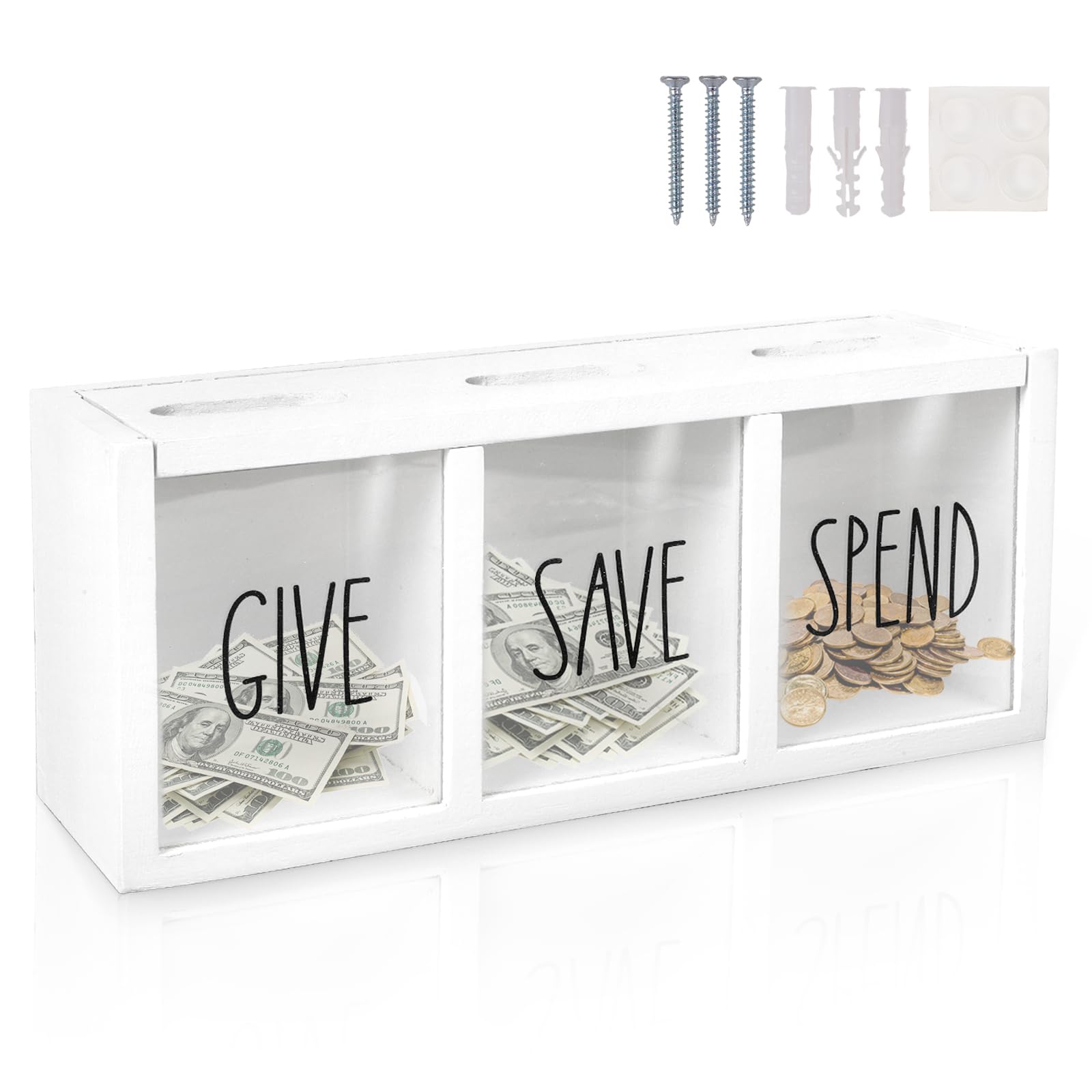 Photo 1 of **CHIP ON LID/COLOR IS NATURAL NOT WHITE**Himitimi Wooden Piggy Bank for Kids, Spend Save Give Money Saving Box Visualized Coin and Cash Savings Box for Childrens Boys Girls Adults(Countertop & Wall-Mount, NATURAL