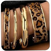 ZMJK Leopard Print Bangle Bracelets for Women Gold Polished Chunky Bracelets Wide Wrist Cuff Stack Bracelets Trendy Open Cheetah Leather Bangle Set for Women Statement Jewelry