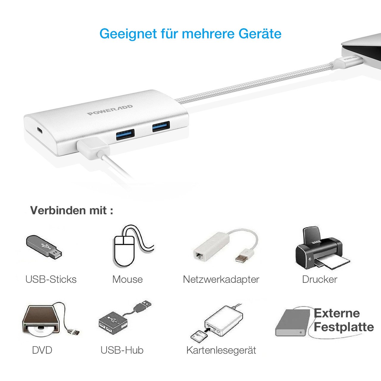 POWERADD Type C Hub USB 3.0 Super Speed Datengeschwindigkeit, für MacBook, Phones, USB Flash Drive,PC (3ports) mit PD