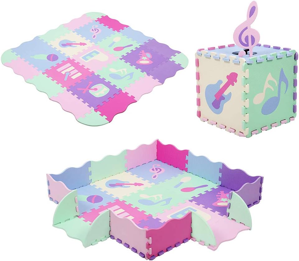 Baby Play Mat Interlocking Foam Puzzle Pieces Folding Infant Play Gym Mats with 9 Different Patterns & Fence Crawling Mat for Toddlers Girls Boys Room Decor Pink