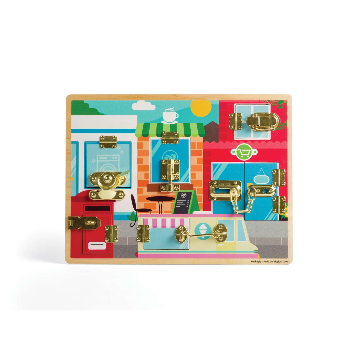 Bigjigs Toys Wooden Latches & Catches Board - Montessori Busy Board with 6 Locks, Develops Fine Motor Skills, Logic & Imagination, Quality Sensory Toys