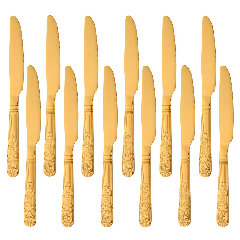 Buyer Star Dinner Knives 12 Piece, Stainless Steel Gold Table Knife, Steak Knives Cutlery Set for Home Kitchen and Restaurant, 24cm