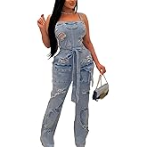 Mandonce Denim Jumpsuit for Women Halter Wide Leg Ripped Jean Jumpsuits for Women with Belt Casual Denim Romper