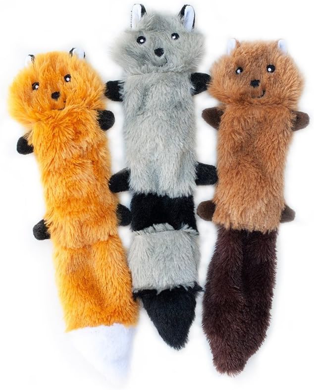 ZippyPaws - Skinny Peltz No Stuffing Squeaky Plush Dog Toy, Fox, Raccoon, and Squirrel - Small