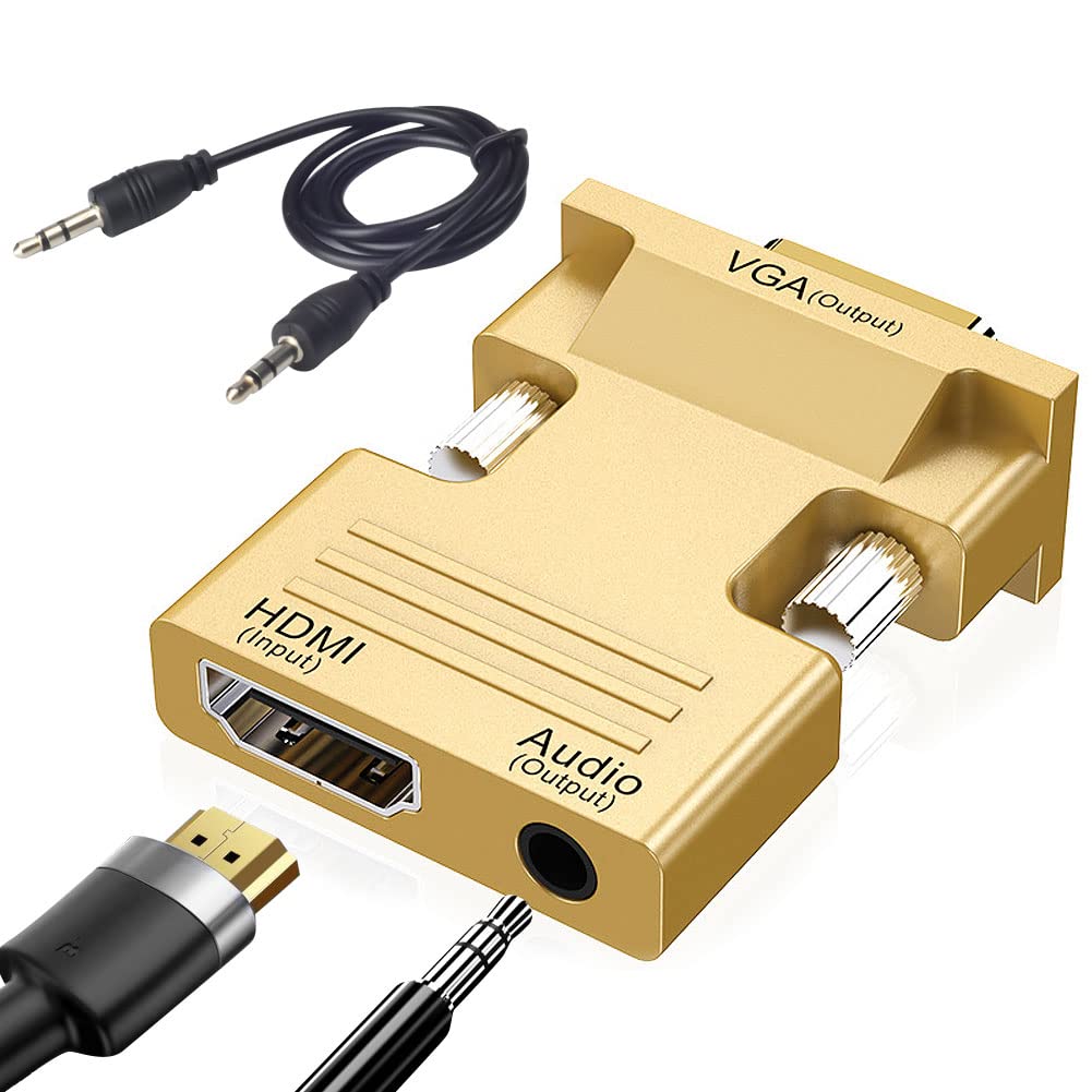 Seminer HDMI to VGA Adapter, 1080P HDMI Female to VGA Male Audio Video Cable Converter with 3.5mm Audio Cable for Computer, Desktop, Monitor, HDTV Etc (Gold)