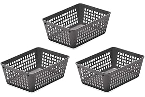 YBM HOME 3-Pack Small Plastic Storage Baskets for Home Junk Drawers and Office Desktop Drawers Organization - Functional Trays for Kitchen, Bedroom, and Bathroom, Grey