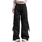 Haloumoning Girls Parachute Pants Kids Wide Leg Cargo Pants Y2K Street Trousers with Pockets 5-14 Years