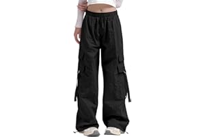 Haloumoning Girls Parachute Pants Kids Wide Leg Cargo Pants Y2K Street Trousers with Pockets 5-14 Years