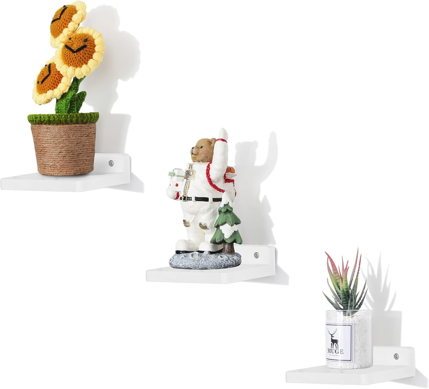 PHOENANCEE 12.7x12.7x4cm, Small Floating Shelves Decoration for Wall, Mini Display Hanging Shelf, Wall-Mounted Wood Square Shelf for Small Objects, Set of 3(Rustic White)