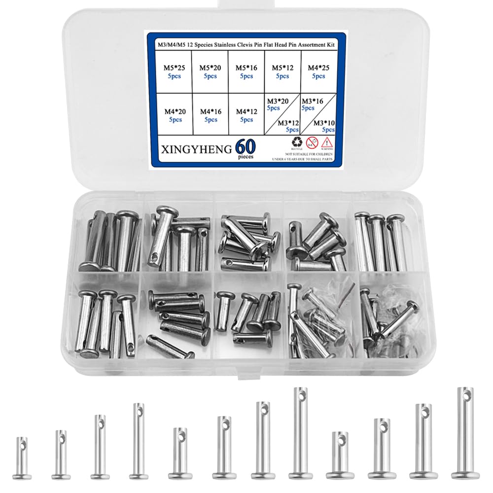 XLX 60PCS M3 / M4 / M5 12 Species Stainless Pin Flat Head Pin with Hole Location Pin T-Shape Round Pin Assortment Kit