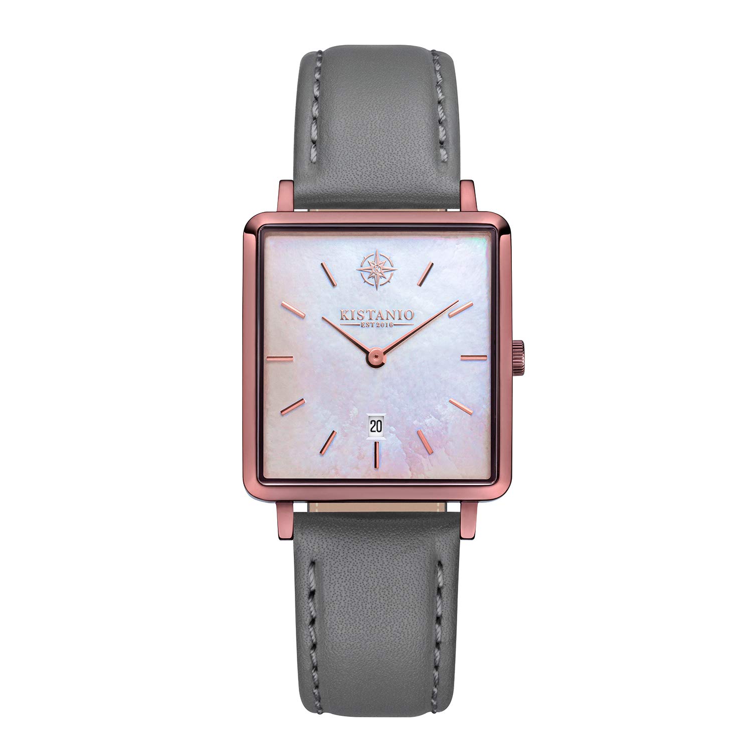 Kistanio Carré Women's Watch with Leather Strap Date Stainless Steel Mocha Mother of Pearl Sapphire Glass MO-PM-L-GR