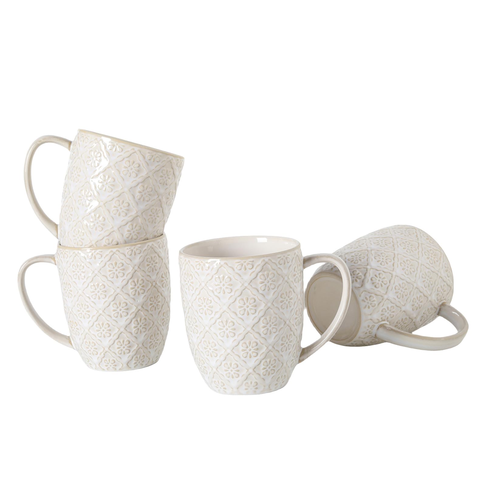 Photo 1 of 16OZ Ceramic Embossed Coffee Mugs Set, Large White Coffee Cups with Handles, Porcelain Mug Sets with Patterns for Milk, Tea, Latte, Cocoa, Mocha, Cappuccino, Dishwasher Safe, Cups Set Gift (4PCS)