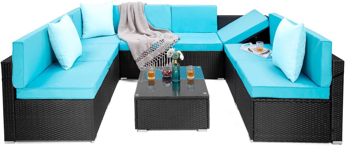 PAMAPIC 9 Pieces Patio Furniture，Outdoor Rattan Sectional Sofa Conversation Set with Tea Table and Washable Cushions, Blue