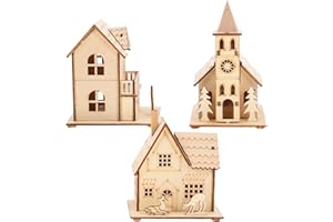 Kichvoe LED Unfinished Wood Christmas Village Glowing Gingerbread Houses Light Up Snowy Small Figurine Decor 3pcs