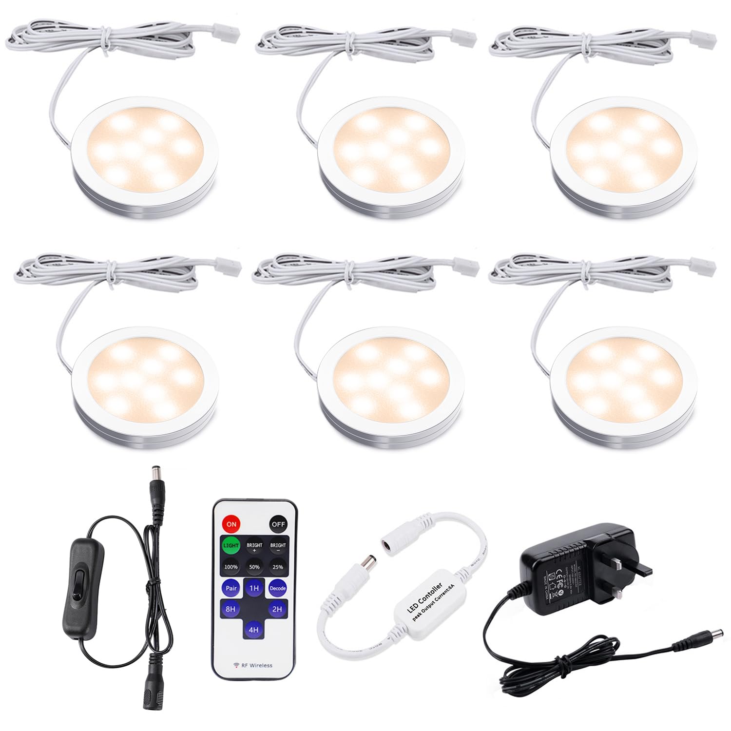 AIBOO LED Kitchen Under Cabinet Lighting Kit Dimmable with Wireless RF Remote,UK Plug,6 Pack Round Display 220V LED Puck Lights,6W Under Cupboard Counter Shelf Lights (Warm White 2700K)
