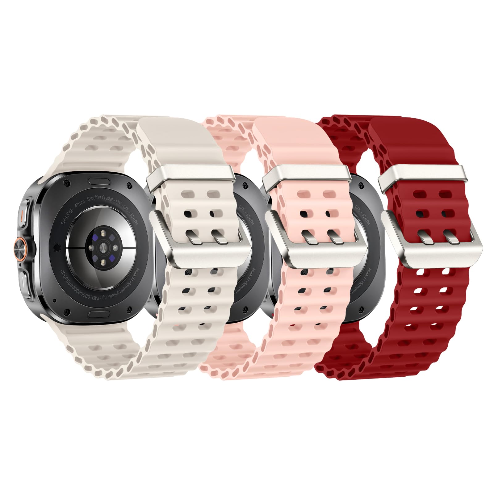 Acextro 3-pack Sport Band Compatible with Samsung Galaxy Watch Ultra Bands 47mm, No Gap Breathable Soft Silicone Ocean Waterproof Marine Galaxy Ultra Bands for Women Men, Starlight/Pink/Red