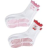 Puedizux Women Cute Pilates Socks Grip Crew Yoga Socks Ruffle Cuff Embroidery Pattern Workout Ballet Socks