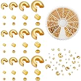 PH PandaHall About 1591pcs Jewelry Making Findings Kits, 12 Styles Golden Brass Crimp Beads Crimp Bead Knot Covers Half Round Open Crimp Beads Covers for DIY Crafts Necklace Bracelet Jewelry Making