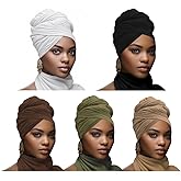 5PS Stretch African Head Wraps for Five-color set Women - Long Jersey Turban Headwraps, Head Scarf, Headbands (Black, White, 