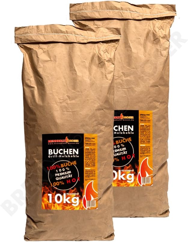 Holzkohle Buche für BBQ, Grillkohle groß, 20kg, Buchenholzkohle, Steakhouse Qualität, Premium, 2019 Ofen restauriert, Körnung: 30-130mm, Weber Grill geeignet, 2X 10kg Sack
