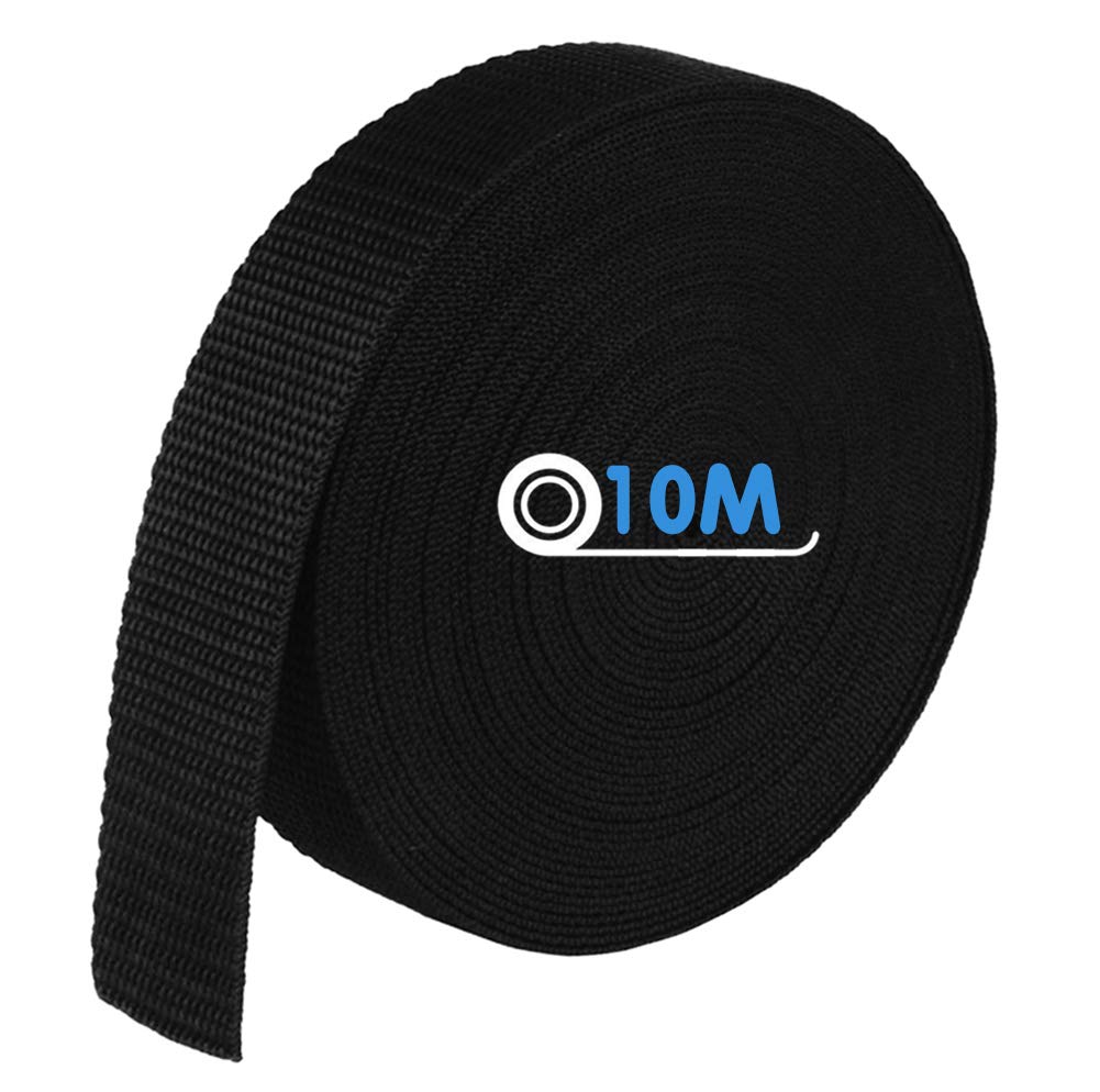 Webbing Strap, Polypropylene Webbing Strap Tape 25mm Wide for DIY Craft Dog Collar, Tow Ropes, Luggage Belt, 10M (11 Yards) Black Luggage Straps for Bag Making/Backpack Strapping/Outdoor Climbing