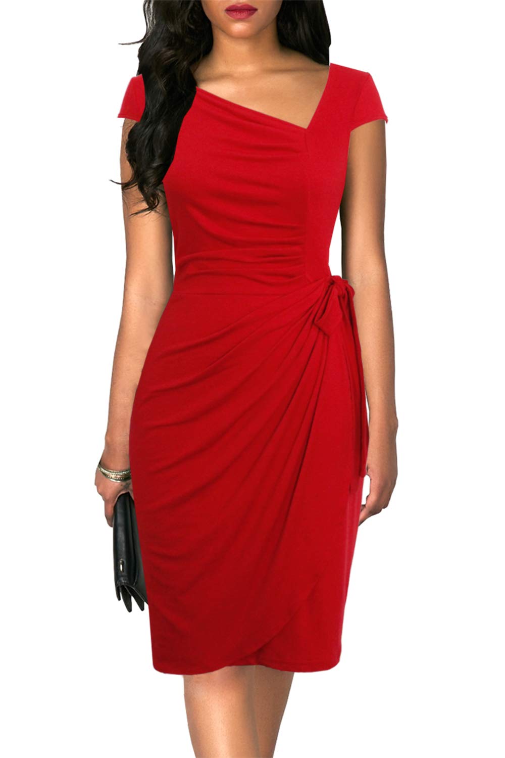 Photo 1 of Women's Vintage Cap Sleeves Asymmetrical Neckline Sheath Bodycon Casual Work Cocktail Party Pencil Faux Wrap Dresses (US, Alpha, X-Large, Regular, Regular, Red)