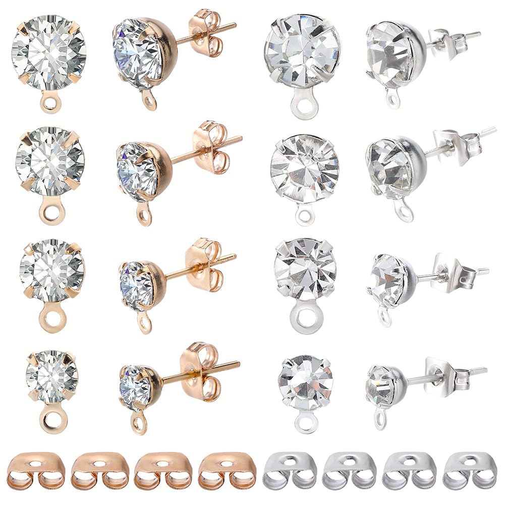 SOFPLATE 1 Box 160Pcs 4mm 5mm 6mm 8mm Rhinestone Earring Post Stud Earring with Loop & 160Pcs Brass Butterfly Ear Backs Alloy Earring Posts Findings for jewellery Making Supplies DIY Dangle Earrings