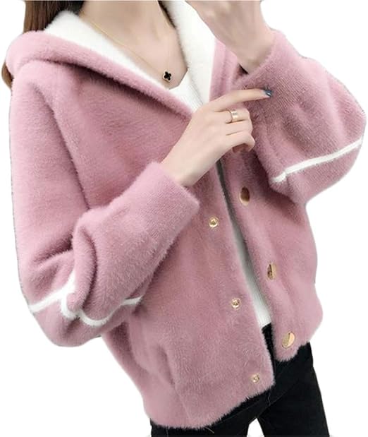 Amazon ショッフェ ニットカーディガン レディース 厚手 もこもこ 冬 ボタンつき ふわふわ 防寒 暖かい コート かわいい ゆったり 体型カバー カジュアル アウター フード付き カーディガン ボレロ 通販