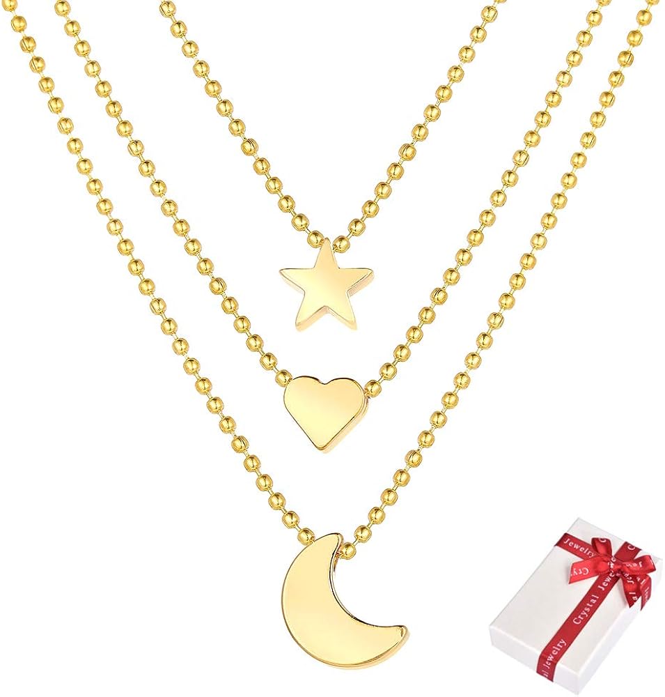 Ceqiny Multi-layer Choker Necklace Star Heart Moon Necklace Pendant Adjustable Chain Necklace Long Chain Tassels 3-Layer Charm Pendant Choker Friendship Necklace Gift for Women Girls, Gold: Clothing