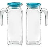 Bormioli Rocco Frigoverre Classic Jug Set of 2-33.75 oz Glass Beverage Pitchers with Teal Locking Lids for Juice, Milk, Iced Tea & Infused Water - Versatile Kitchen Drinkware, Made in Italy