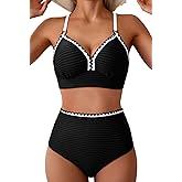 Pink Queen 2026 Women's High Waisted Bikini Sets V Neck Two Piece Swimsuit Color Block High Cut Bathing Suits