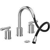 Phiestina Pull Out Brushed Nickel Bathroom Sink Faucet 8 inch - 3 Hole Pull-Down Sprayer Bathroom Faucet, Metal Pop-Up Drain, Water Supply Lines, 2 Handles for 3-Hole Sinks,WFZY01CL-BN