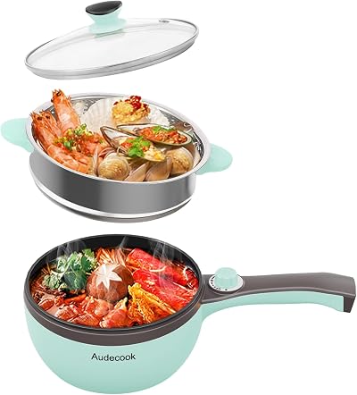 Audecook 1.5L Mini Electric Hot Pot Skillet with Steamer 250W/600W Green