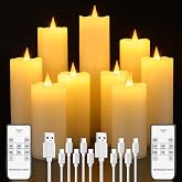 Cosyiker Rechargeable Flameless Candles with Remote and Timer USB-C Candles | 9-Pcs Flickering Pillar Candles Coated with Real Wax for Halloween, Christmas, Home, Wedding &amp; Holiday Decor (6 Sizes, White)