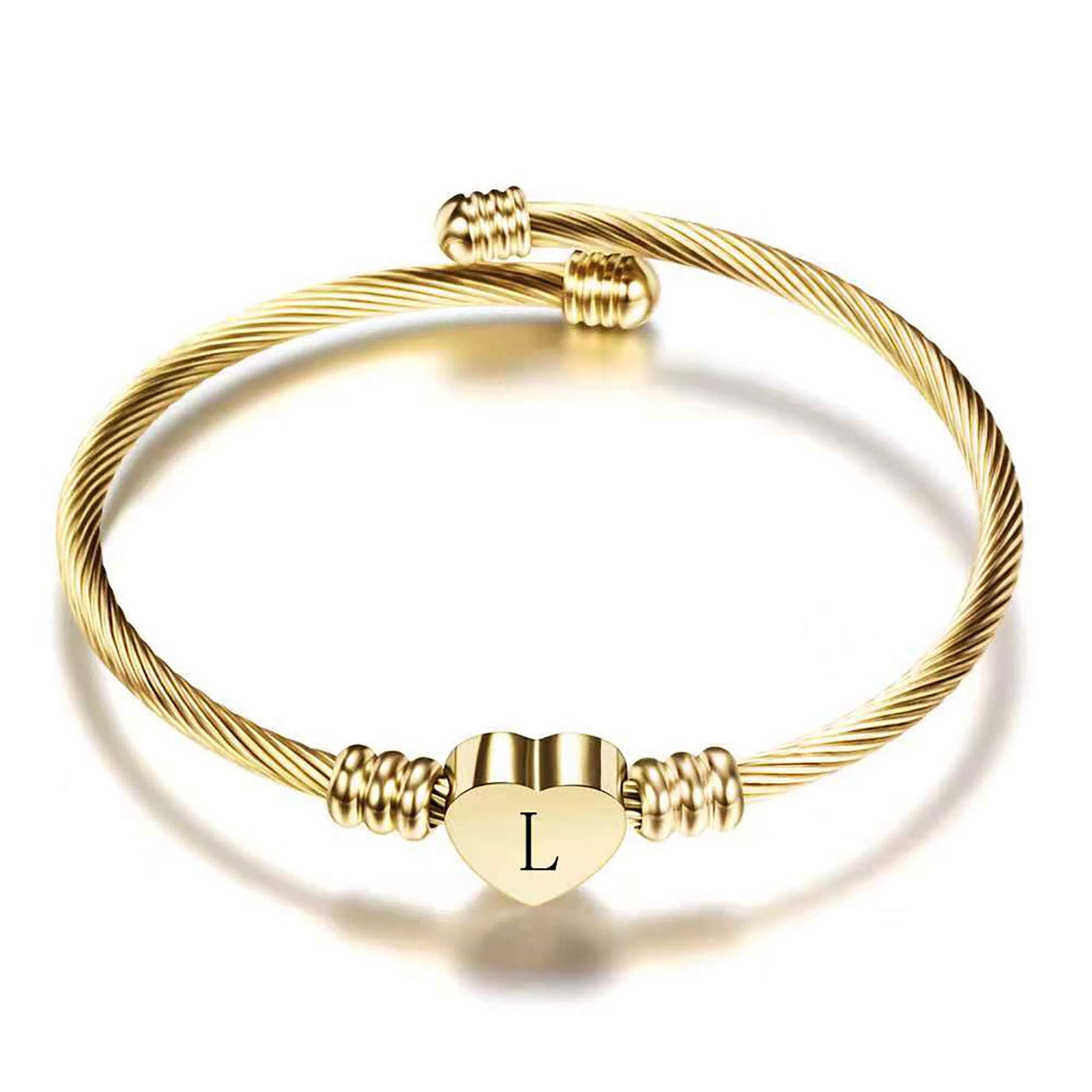 KunBead Jewelry Women Girls 18th 40th Birthday Initial Letter L Cuff Bracelet Gold Alphabet Heart Bangle Bracelets